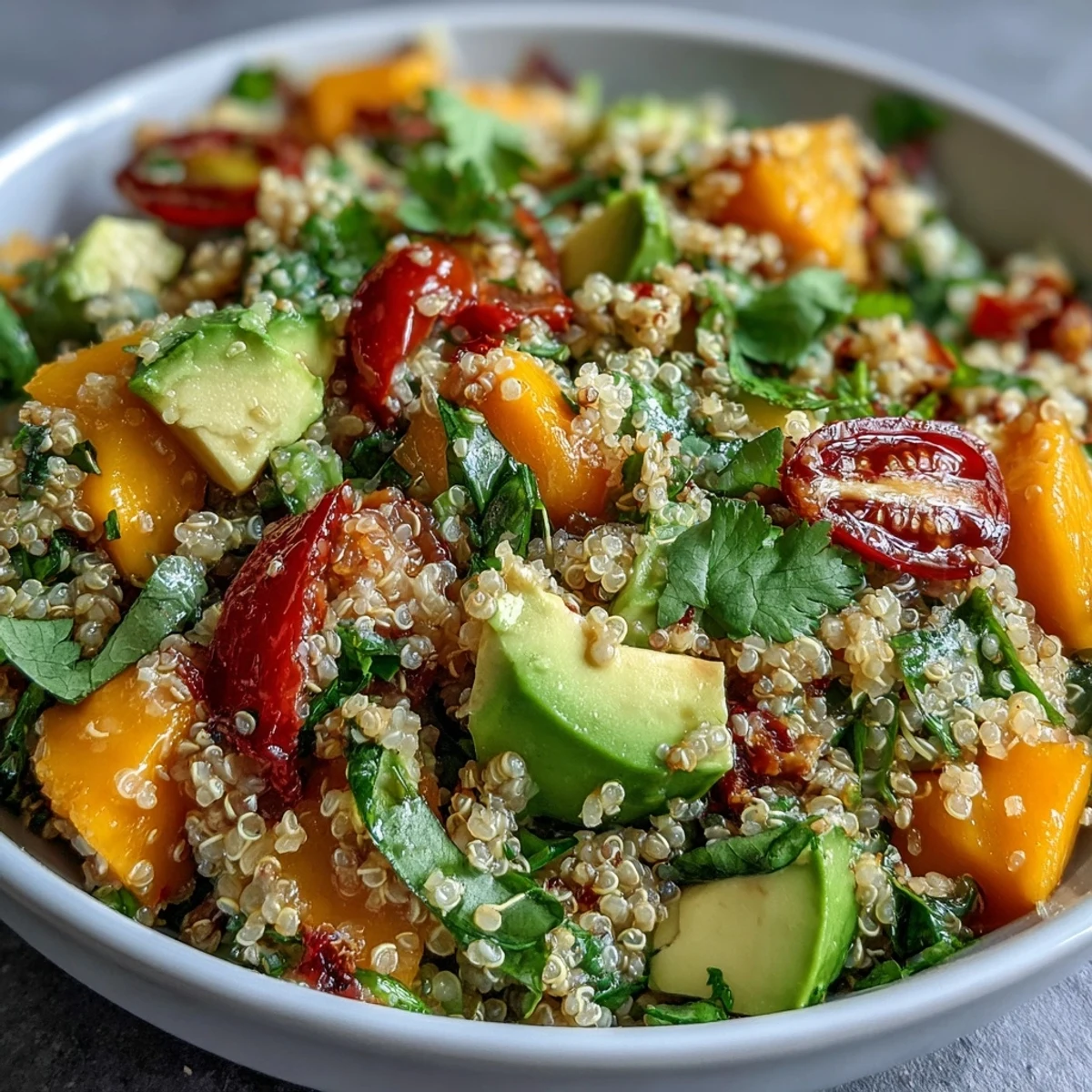 Healthy, summer-inspired Tropical Mango Avocado Quinoa Salad, tossed with a golden lime dressing and ready for a sunny outdoor lunch.