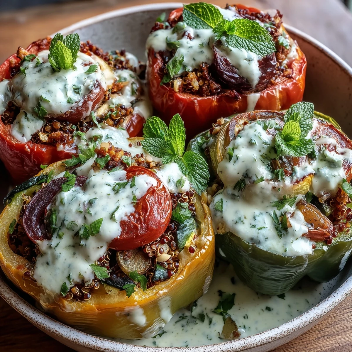 Golden baked Vegan Mediterranean Chickpea Stuffed Peppers with Lemon Tahini sauce, served warm alongside a vibrant salad.