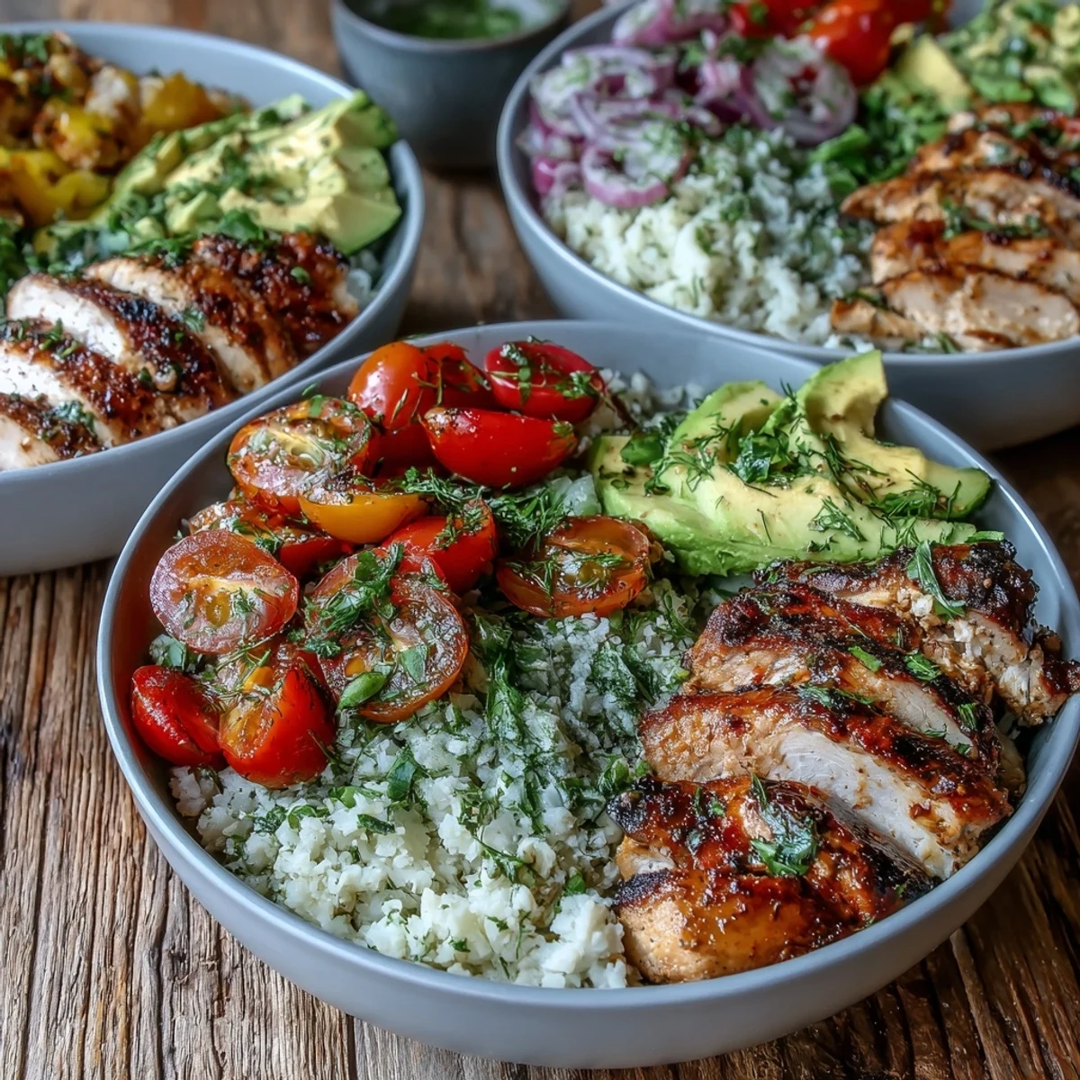 A vibrant Low-Cal Cilantro Lime Chicken and Cauliflower Rice Bowl with avocado, cherry tomatoes, and red onion on a rustic wooden table.