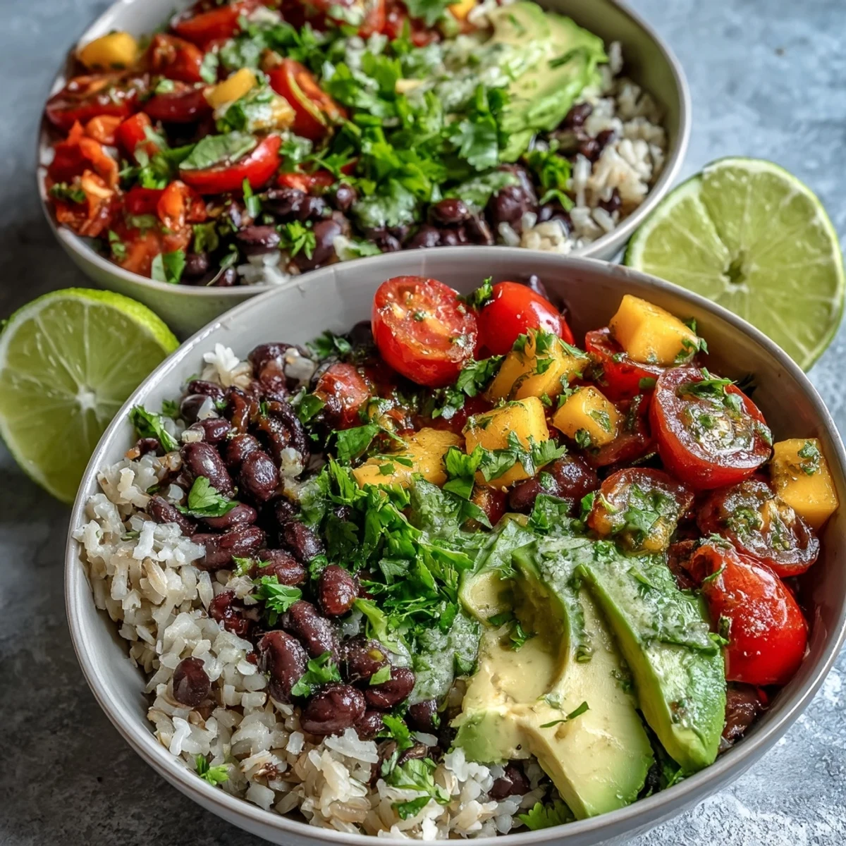 Freshly diced mango and warm black beans mounded on fluffy brown rice in a Mango and Black Bean Brown Rice Fiesta Bowl.