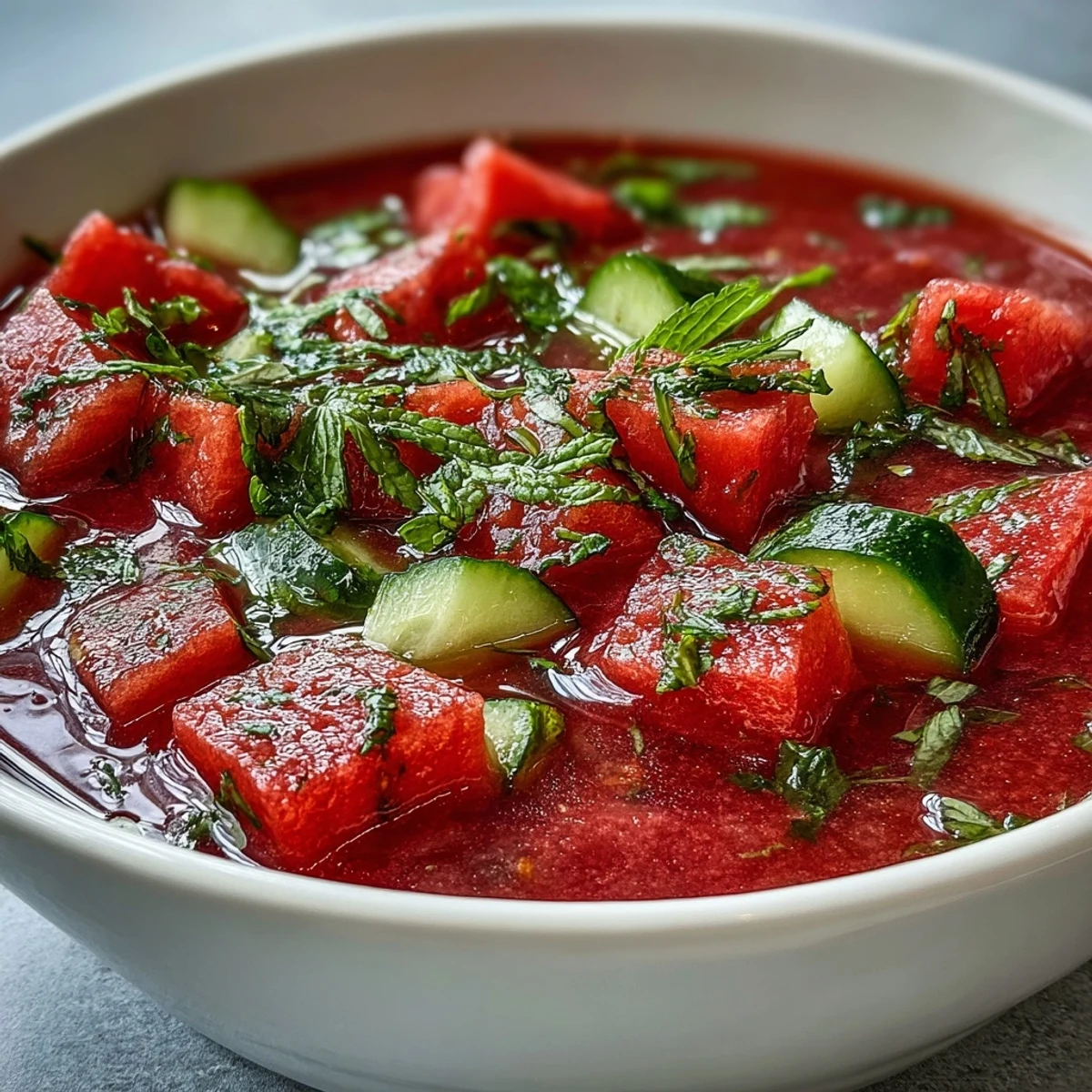 This chilled Vegan Watermelon Mint Gazpacho with cucumber and lime offers a vibrant, refreshing texture in a rustic bowl.