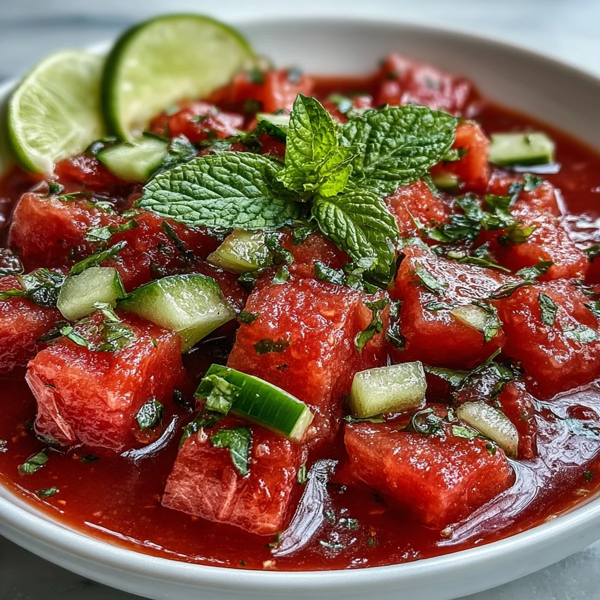 A pitcher of Vegan Watermelon Mint Gazpacho with cucumber and lime, garnished with mint, ready to pour for summer.
