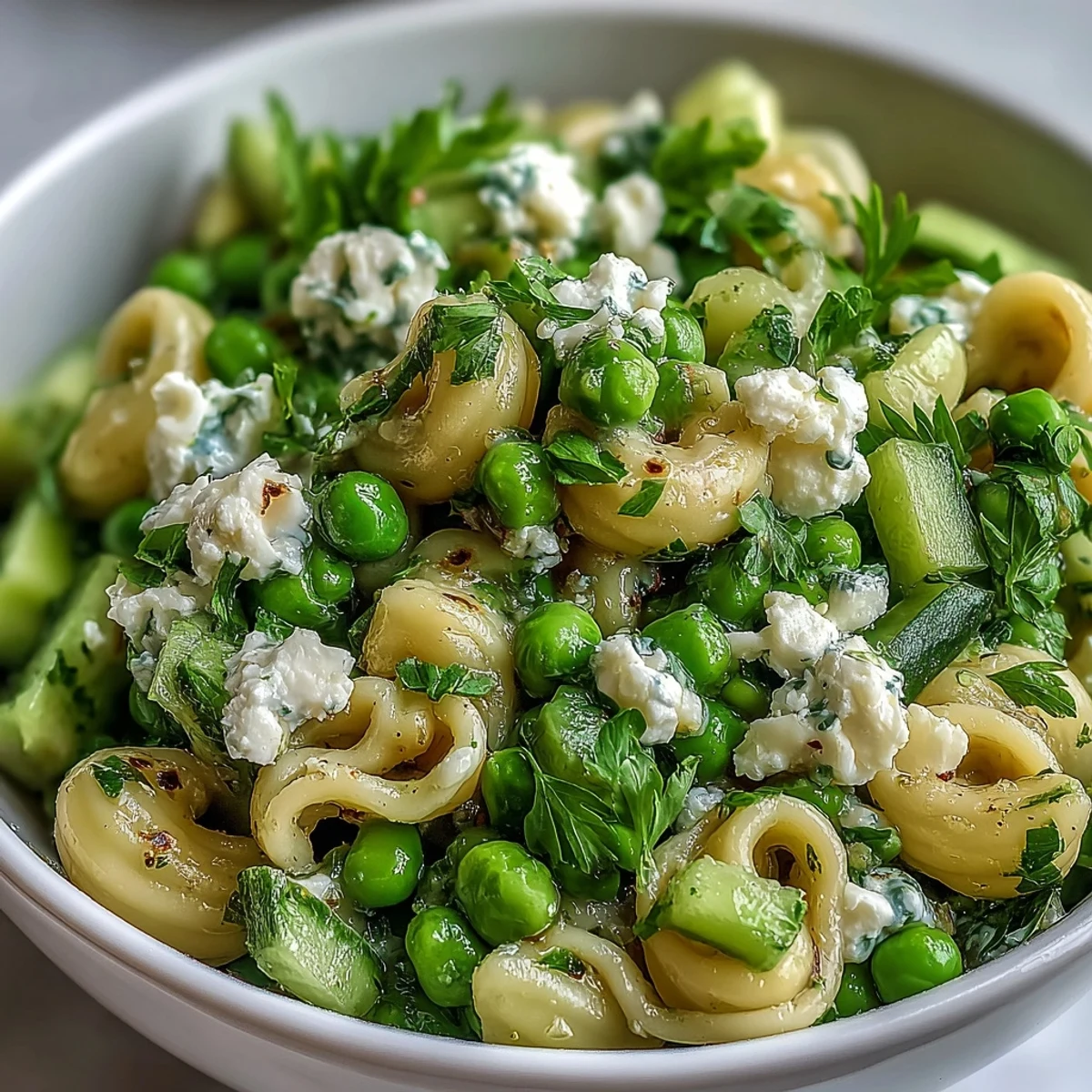 A glass bowl holding Fresh Spring Pea and Mint Pasta Salad, ideal for a light lunch or picnic spread, garnished with extra mint.