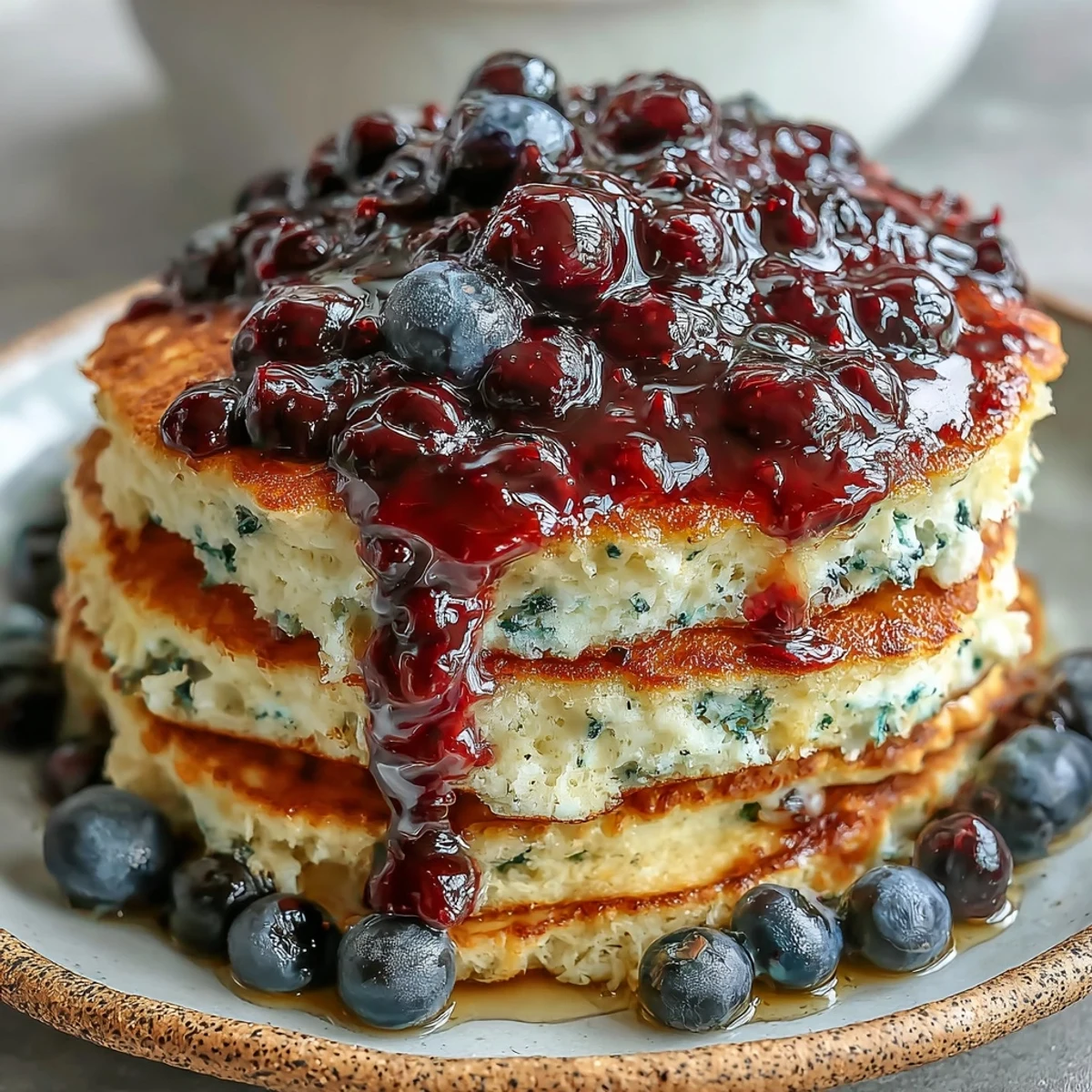 A close-up of fluffy High-Protein Greek Yogurt Pancakes with Blueberry Compote, topped with fresh berries and a dollop of creamy yogurt.