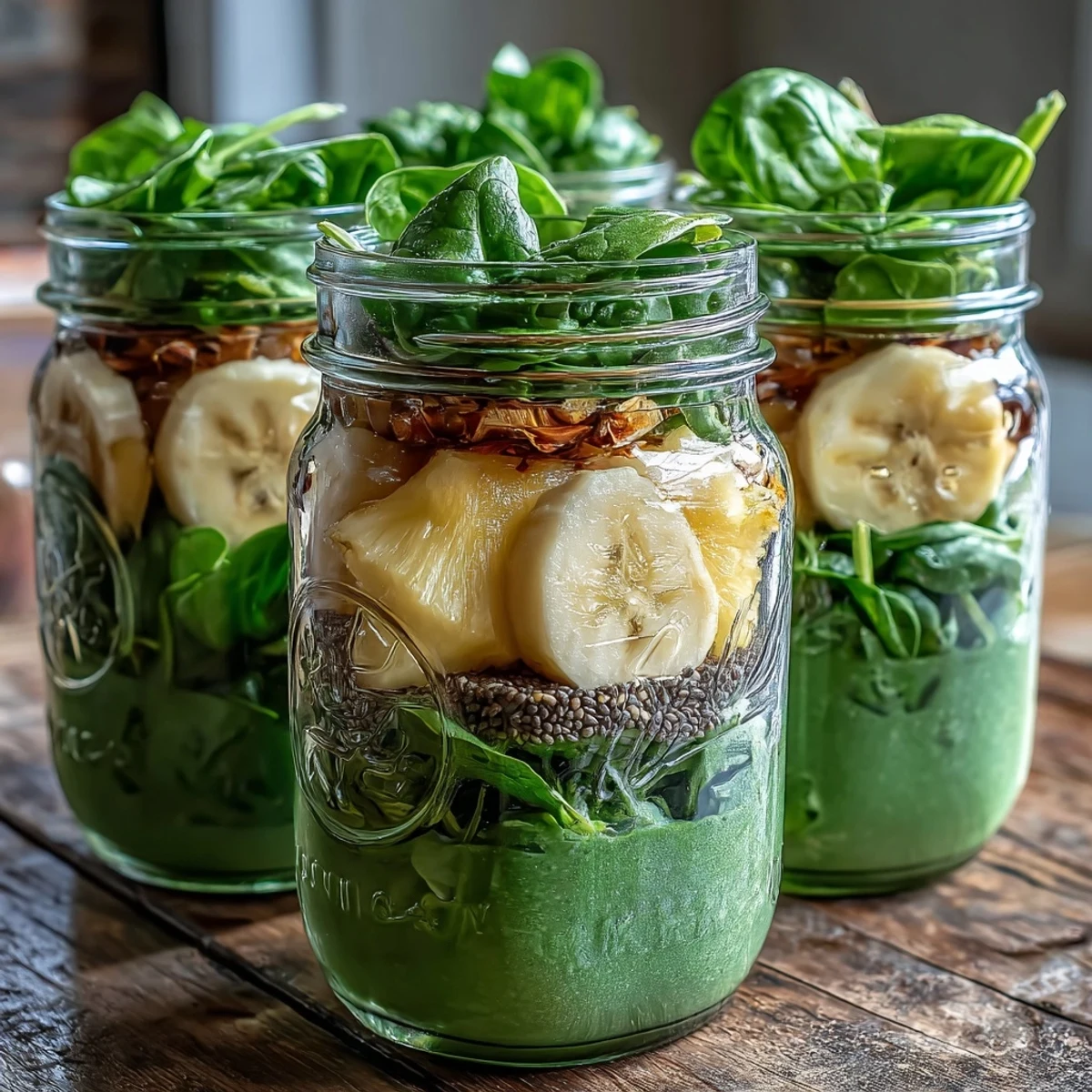 Ready-to-blend Green Smoothie Meal Prep Jars with pineapple, spinach, and chia seeds for a grab-and-go snack.