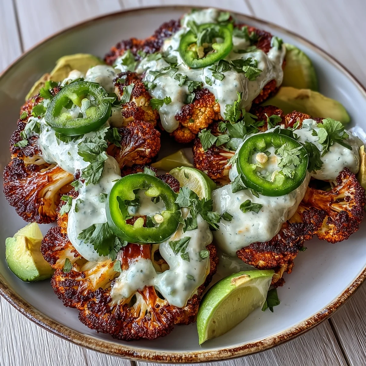 Golden roasted Keto Chili Lime Cauliflower Steaks glisten with spice rub on a baking sheet next to a bowl of creamy avocado crema.