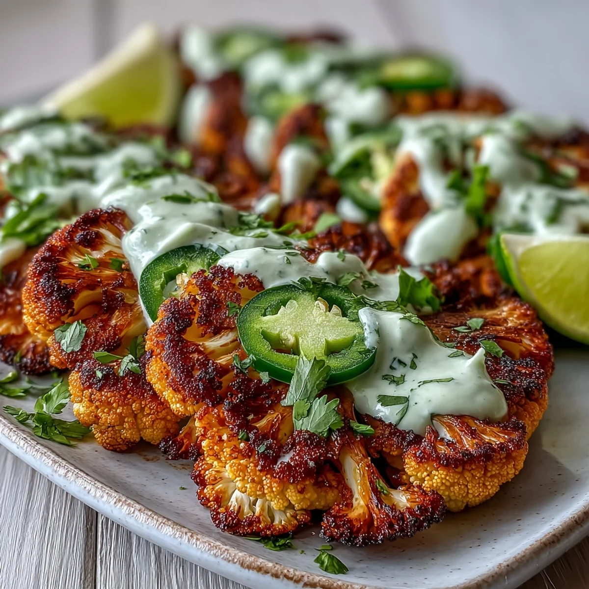 Vibrant Keto Chili Lime Cauliflower Steaks topped with smooth avocado crema and sliced jalapeños, served as a vegetarian main dish.