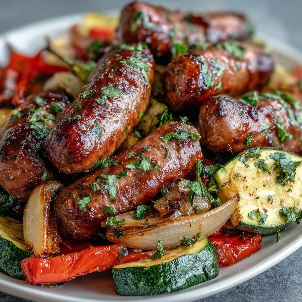 Golden-brown Italian sausages and caramelized peppers sizzling next to tender zucchini in Sheet Pan Italian Sausage with Peppers and Zucchini.