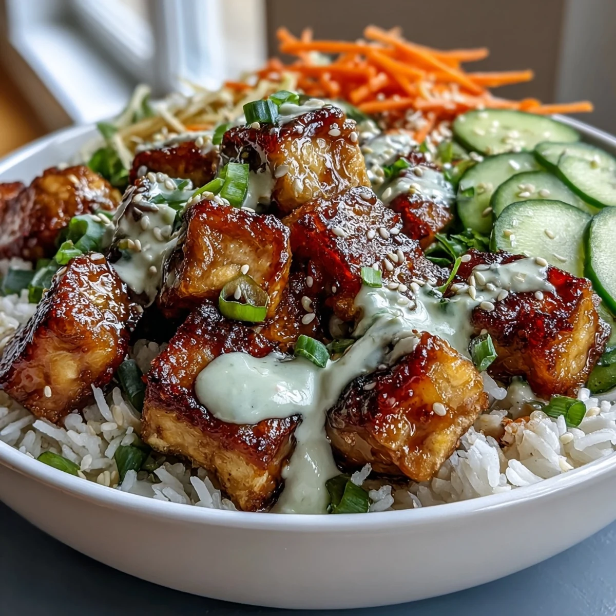Crispy tofu cubes glisten beside pickled carrots and daikon atop fluffy jasmine rice in this Vegan Crispy Tofu Banh Mi Bowl.