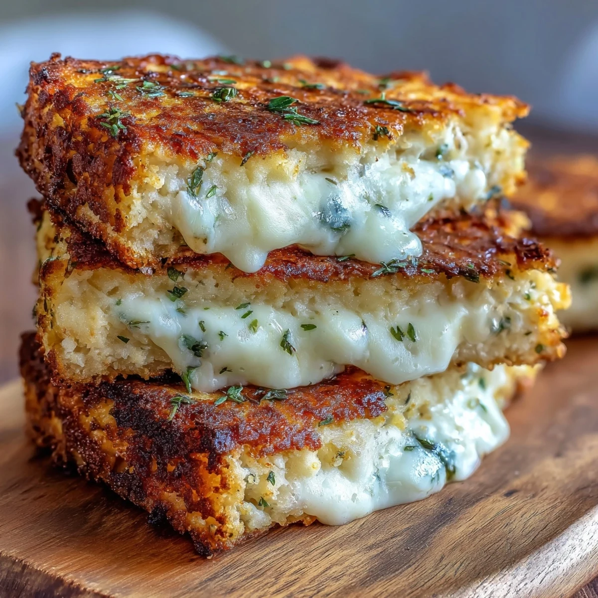 Golden-brown Keto Cheesy Cauliflower Bread Grilled Cheese sandwiches oozing melted cheddar on a rustic wooden board.