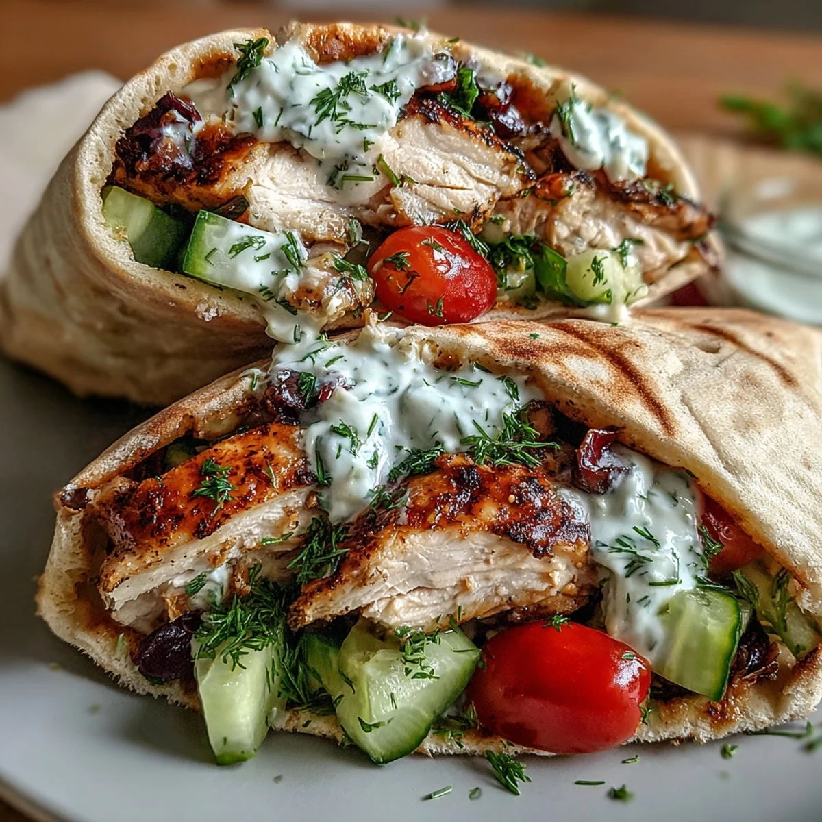 Juicy cherry tomatoes and diced cucumbers spill out of fluffy pita bread, showcasing the savory Light Greek Chicken Pita Pockets recipe.