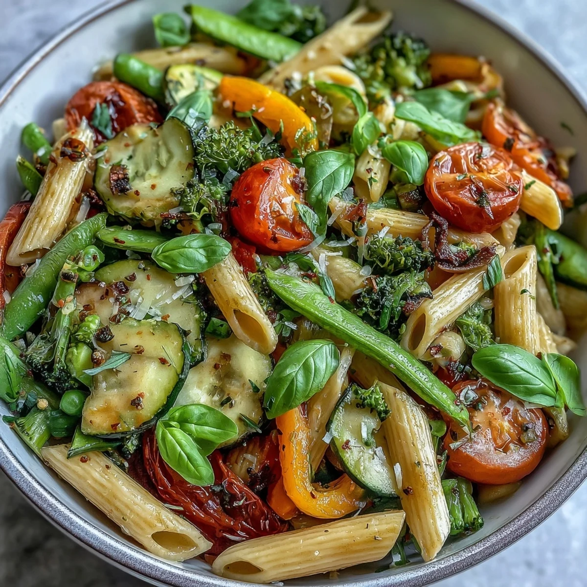 Bright, colorful Vegan One-Pot Pasta Primavera with lemon and fresh basil is served steaming from a single Dutch oven.