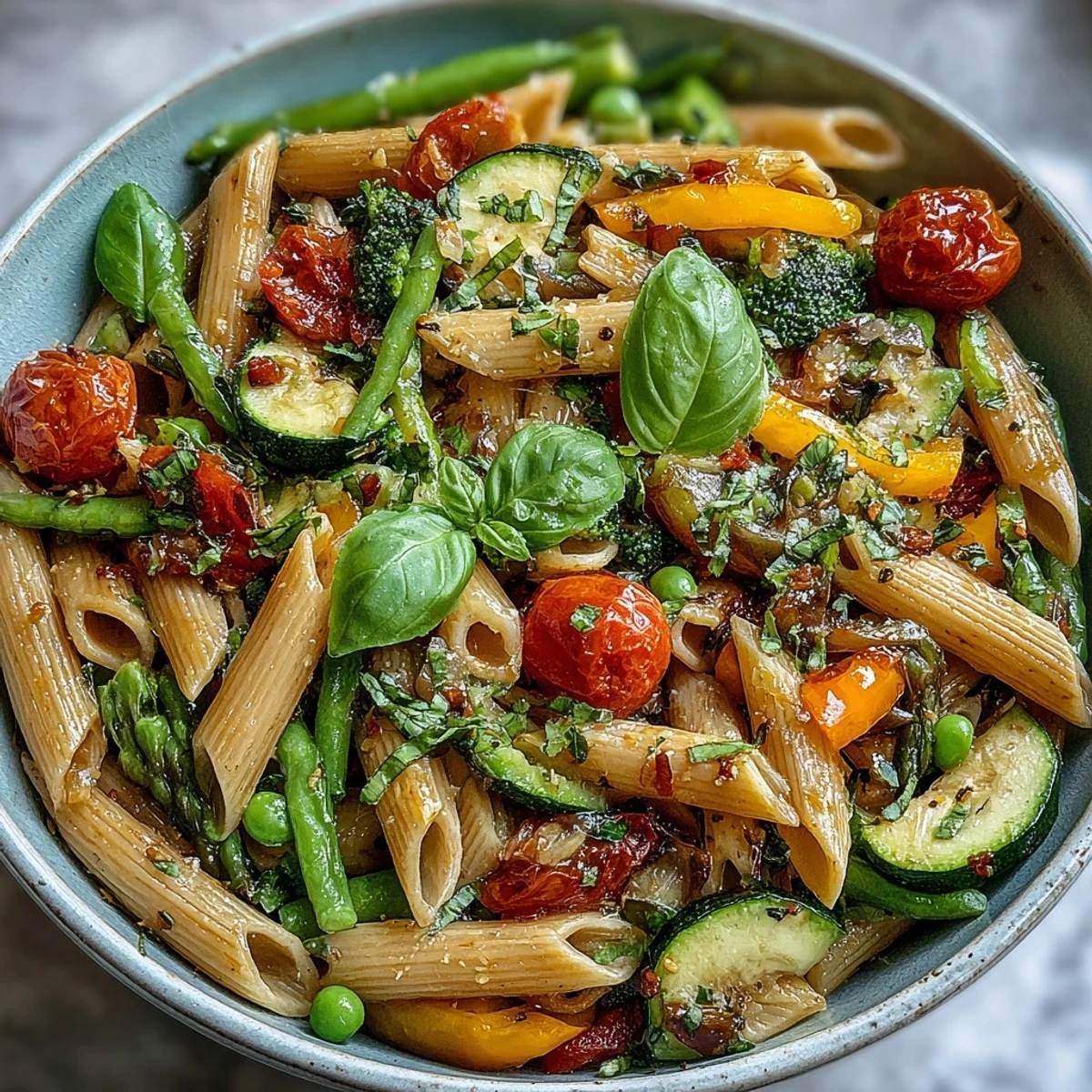 Hearty Vegan One-Pot Pasta Primavera with lemon, basil, and colorful vegetables is perfect for a quick weeknight dinner.