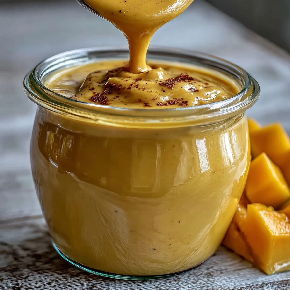 Vegan Mango Turmeric Golden Milk Smoothie in a glass, topped with a sprinkle of cinnamon and chia seeds for a nourishing snack.