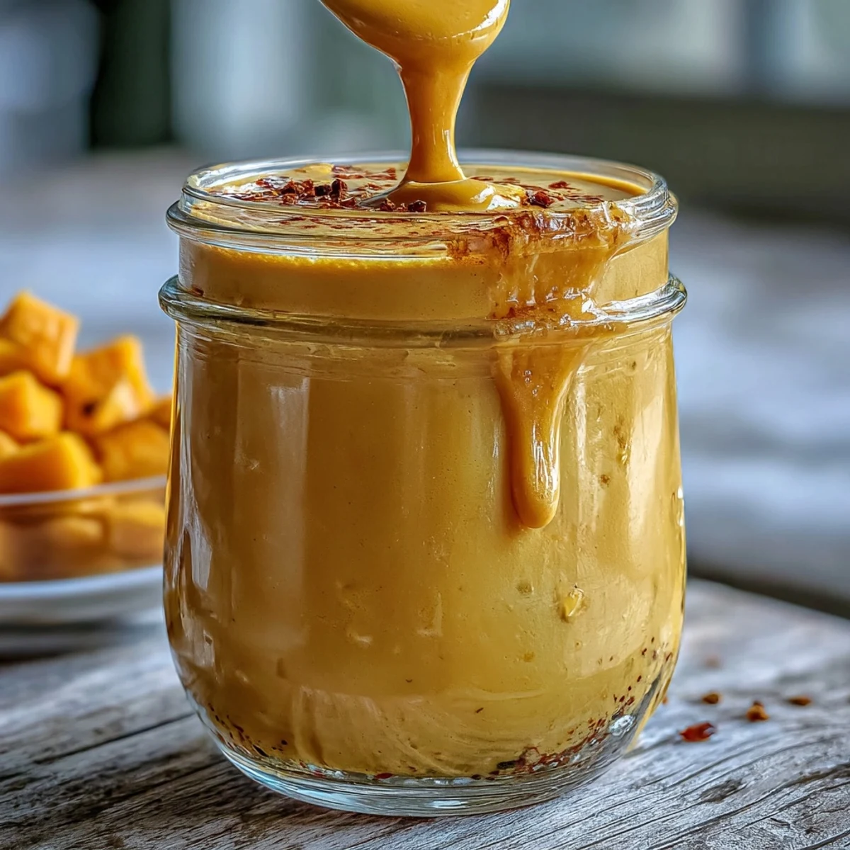 Close-up of Vegan Mango Turmeric Golden Milk Smoothie in a mason jar, highlighting the thick, creamy texture and tropical fruit blend.