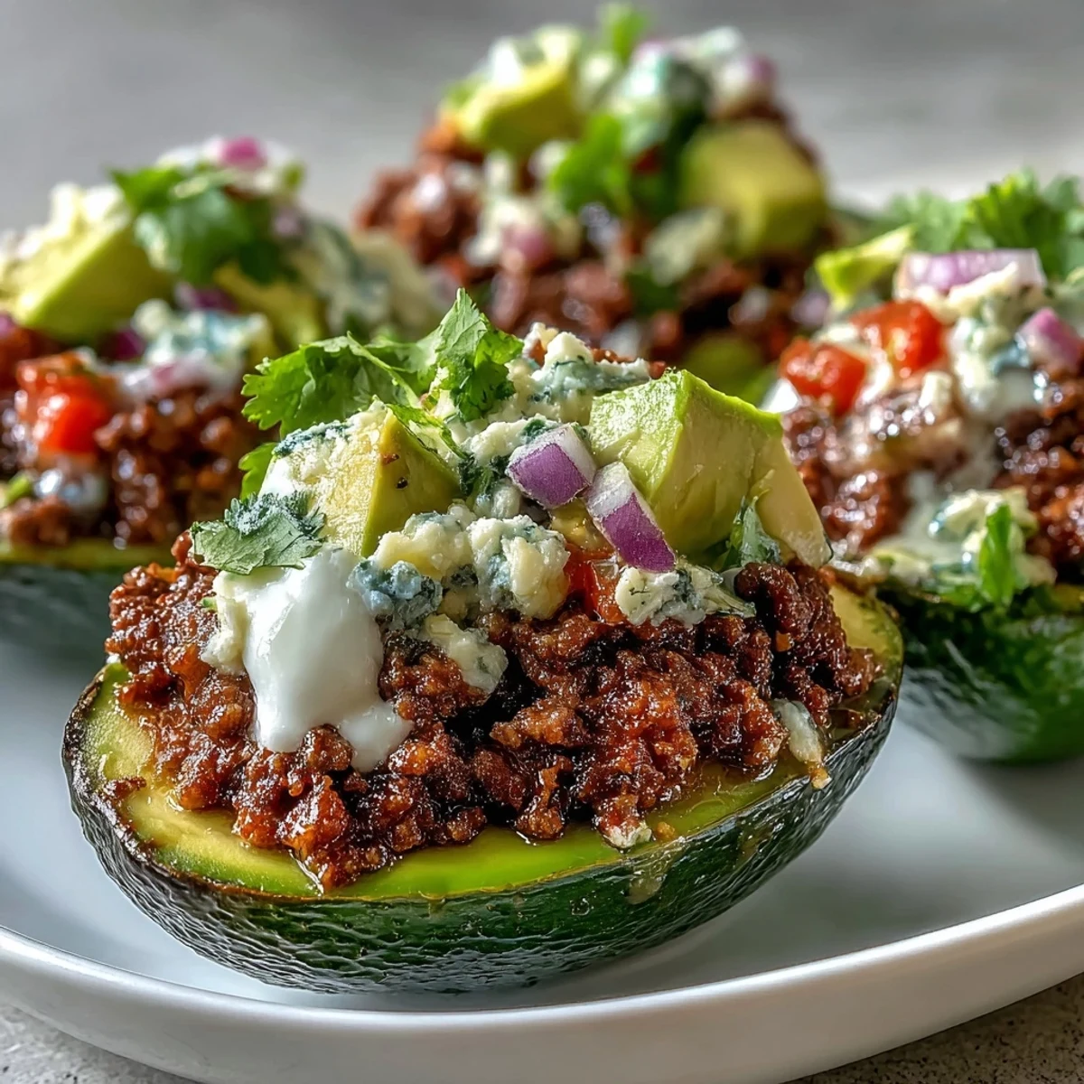 A close-up of Keto Taco Stuffed Avocados, filled with seasoned ground beef, topped with fresh salsa, sour cream, and melted cheese.