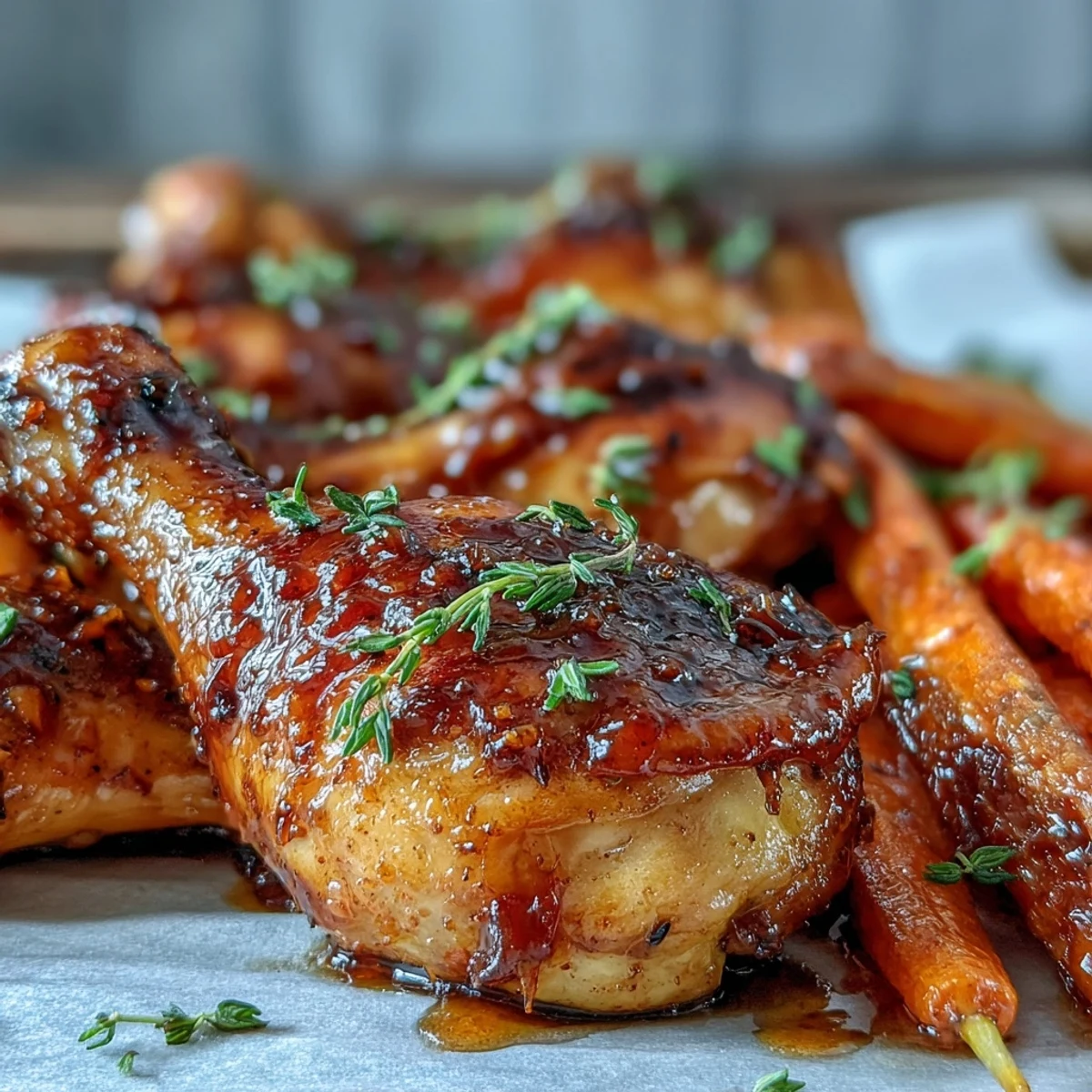 Golden-brown Sheet Pan Honey Garlic Chicken Drumsticks with Roasted Carrots glisten with sweet glaze on a rustic wooden board.