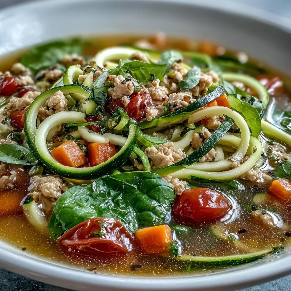 A vibrant bowl of Turkey and Veggie Zucchini Noodle Soup, filled with tender spiralized zucchini, lean ground turkey, and colorful vegetables in a savory broth.