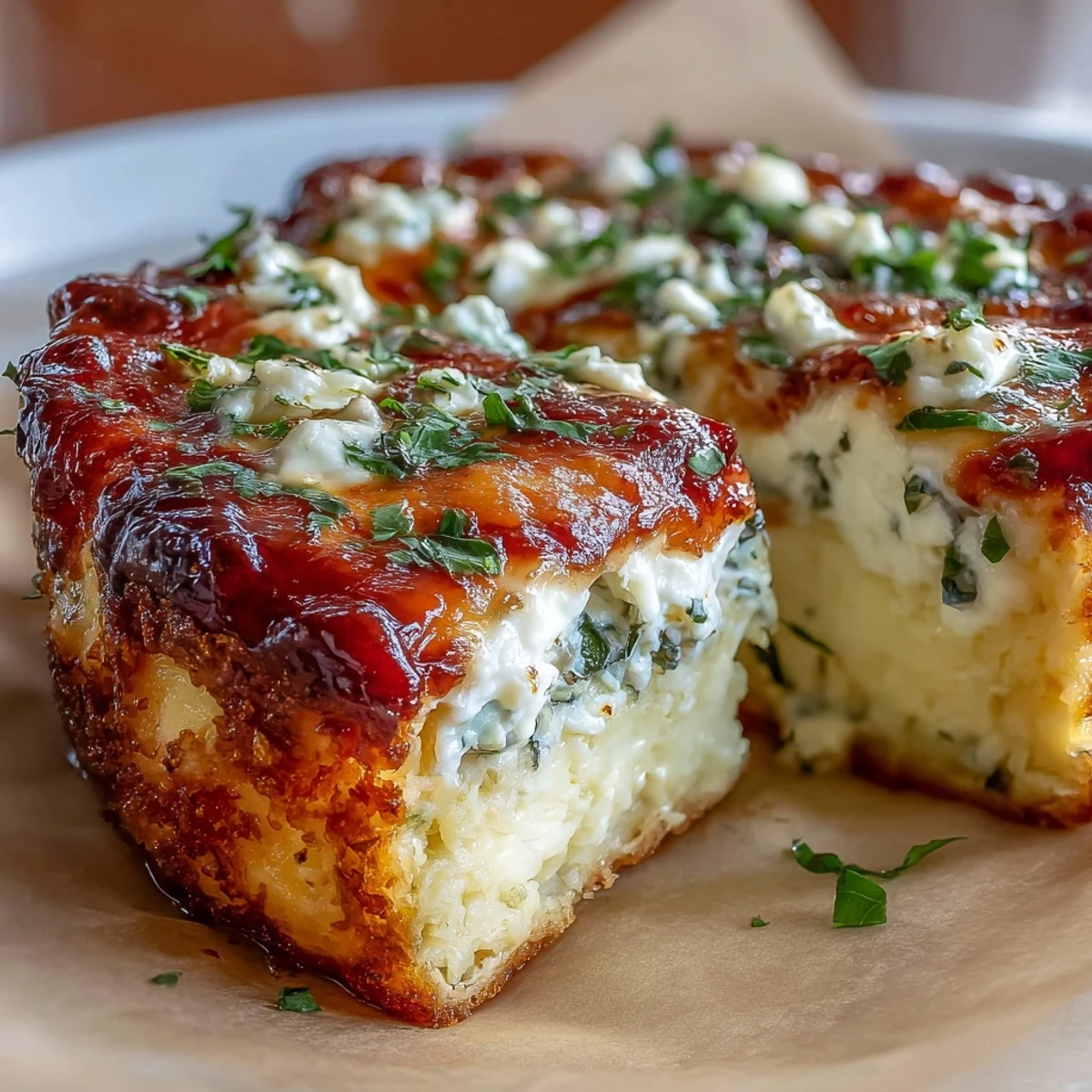 Golden-baked casserole featuring creamy cottage cheese, aromatic herbs, and melted cheese topping.  