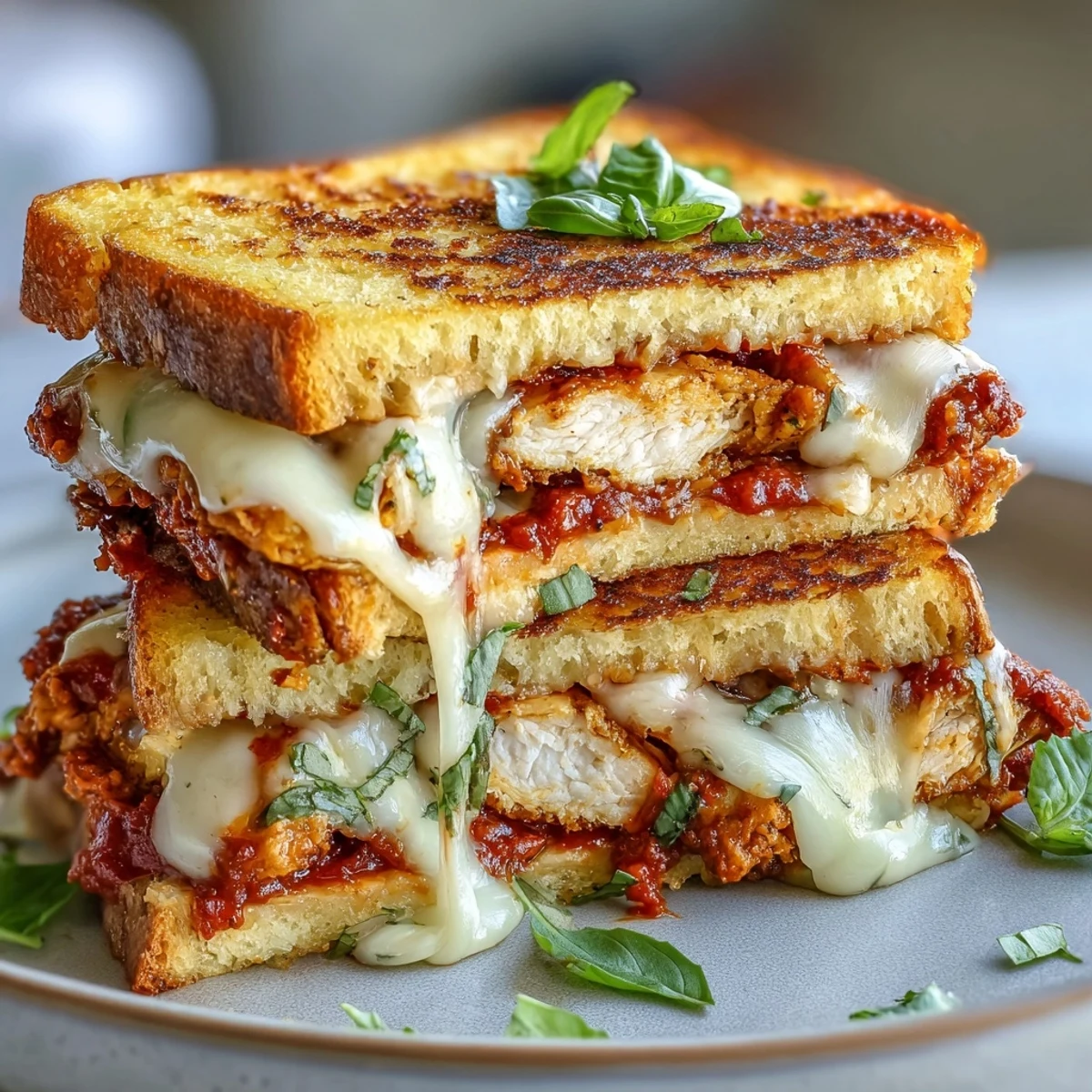 Golden fried chicken layered with creamy vodka sauce and gooey cheese, topped with fresh basil on ciabatta.  