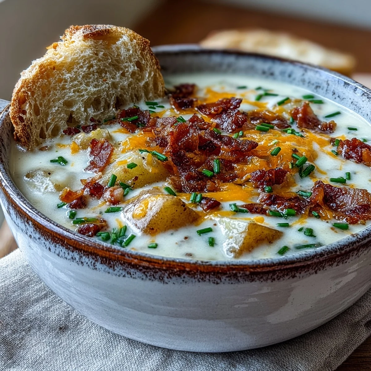 Creamy baked potato soup with tender russet potatoes, crispy bacon, and melted cheddar, garnished with fresh chives.  