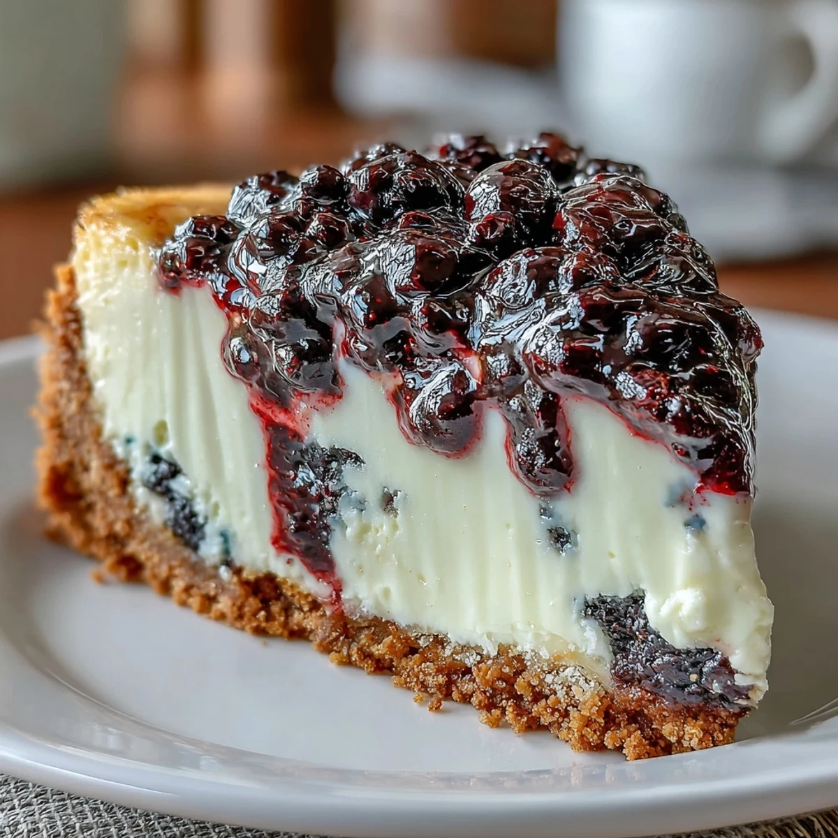 Sophisticated black currant cheesecake with marbled purple swirls, velvety texture, and crisp crust for special occasions.