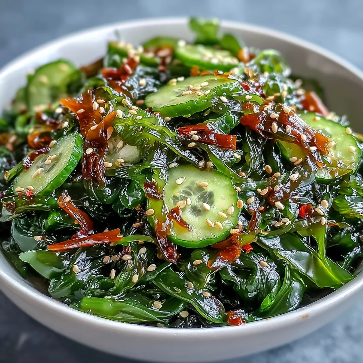 Fresh seaweed salad with ponzu dressing, sesame seeds, and crisp vegetables in a vibrant Japanese side dish.  