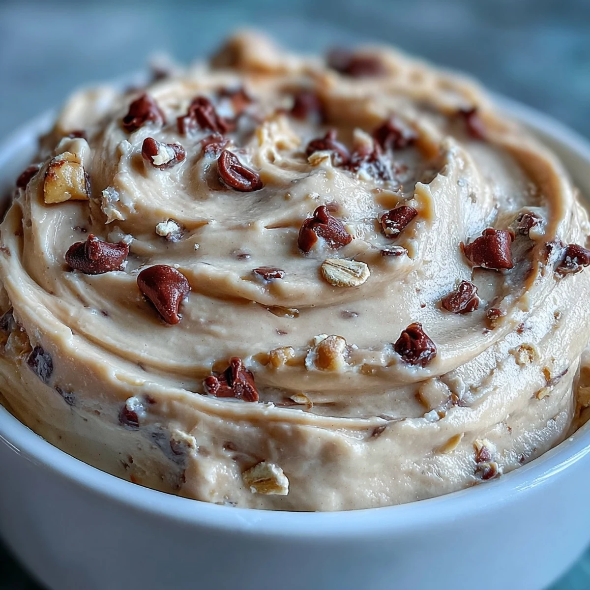 Velvety Greek yogurt cookie dough blended with vanilla and chocolate chips, perfect for spooning straight from the bowl.