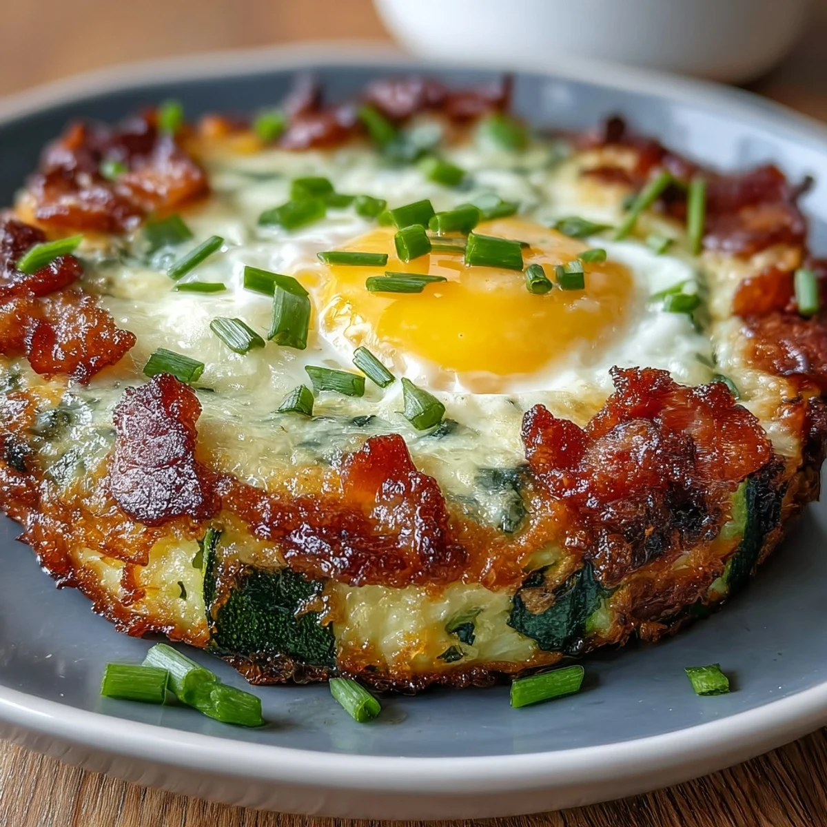 Keto Bacon and Egg Zucchini Nests with crispy edges and perfectly baked yolks, served fresh from the oven.