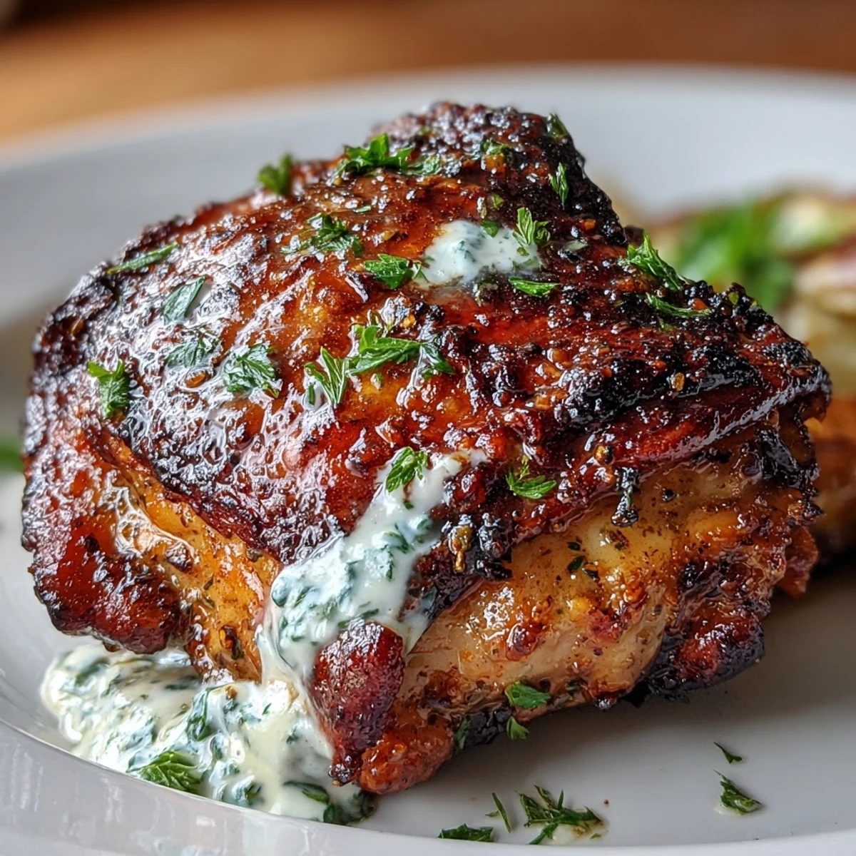 Golden, zaatar-spiced chicken thighs roasted to perfection, drizzled with creamy tahini-garlic sauce for a Middle Eastern-inspired meal.