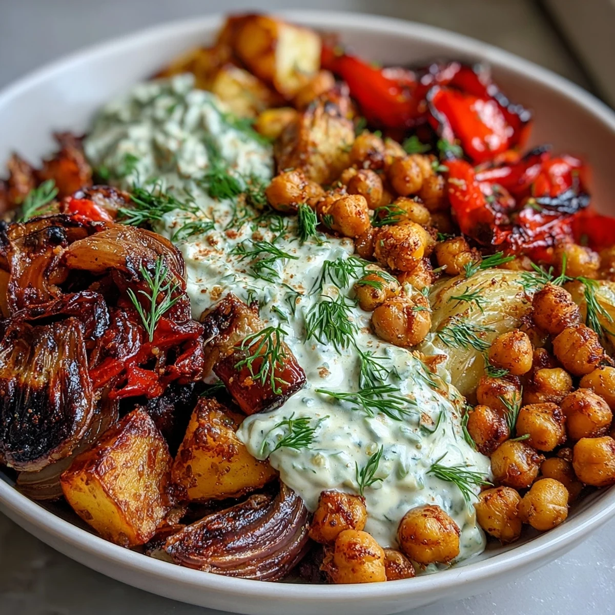 Flavorful Mediterranean roasted vegetables and chickpeas atop creamy tzatziki sauce, perfect for a hearty vegetarian dinner.