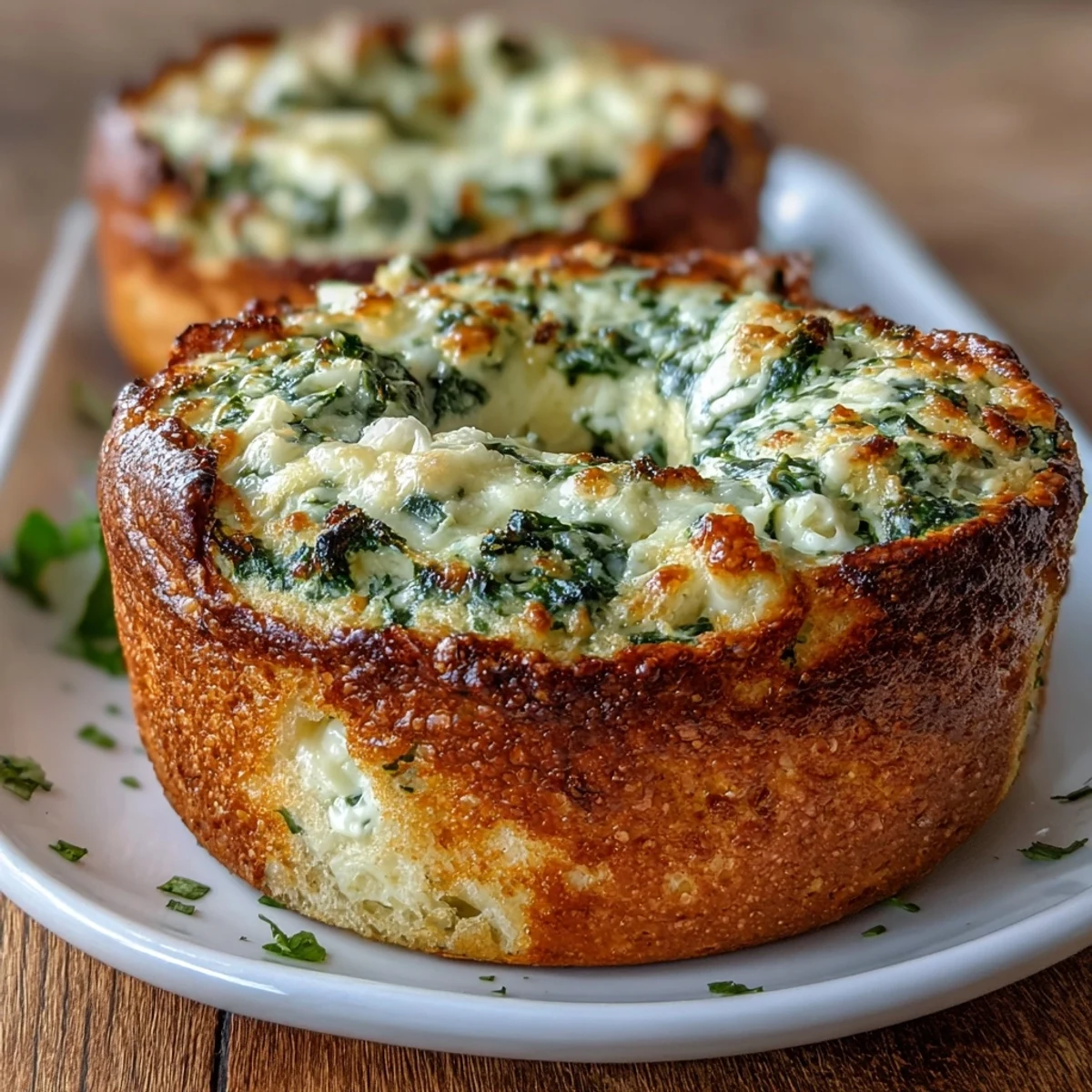 A golden, chewy spinach cottage cheese flagel with melted mozzarella and fresh greens, baked to perfection for a high-protein breakfast.  