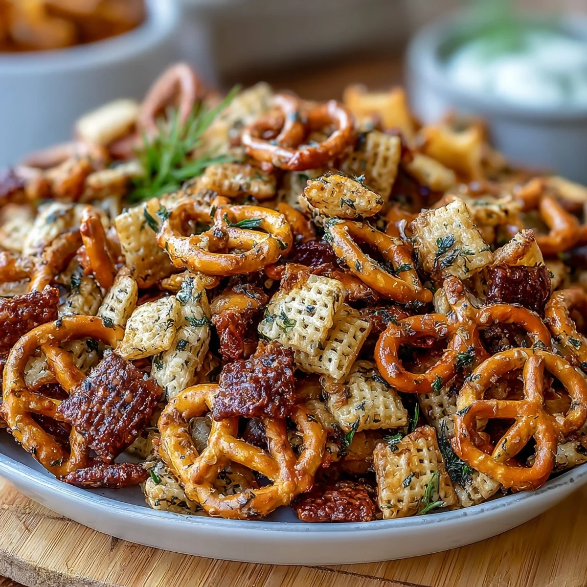 Crispy Dill Pickle Chex Mix with crunchy pretzels and bagel chips, baked to golden perfection and bursting with tangy dill pickle flavor.  