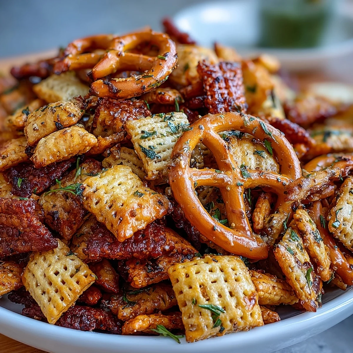 Irresistible snack mix featuring Rice and Corn Chex coated in savory dill pickle seasoning, perfect for parties and movie nights.  