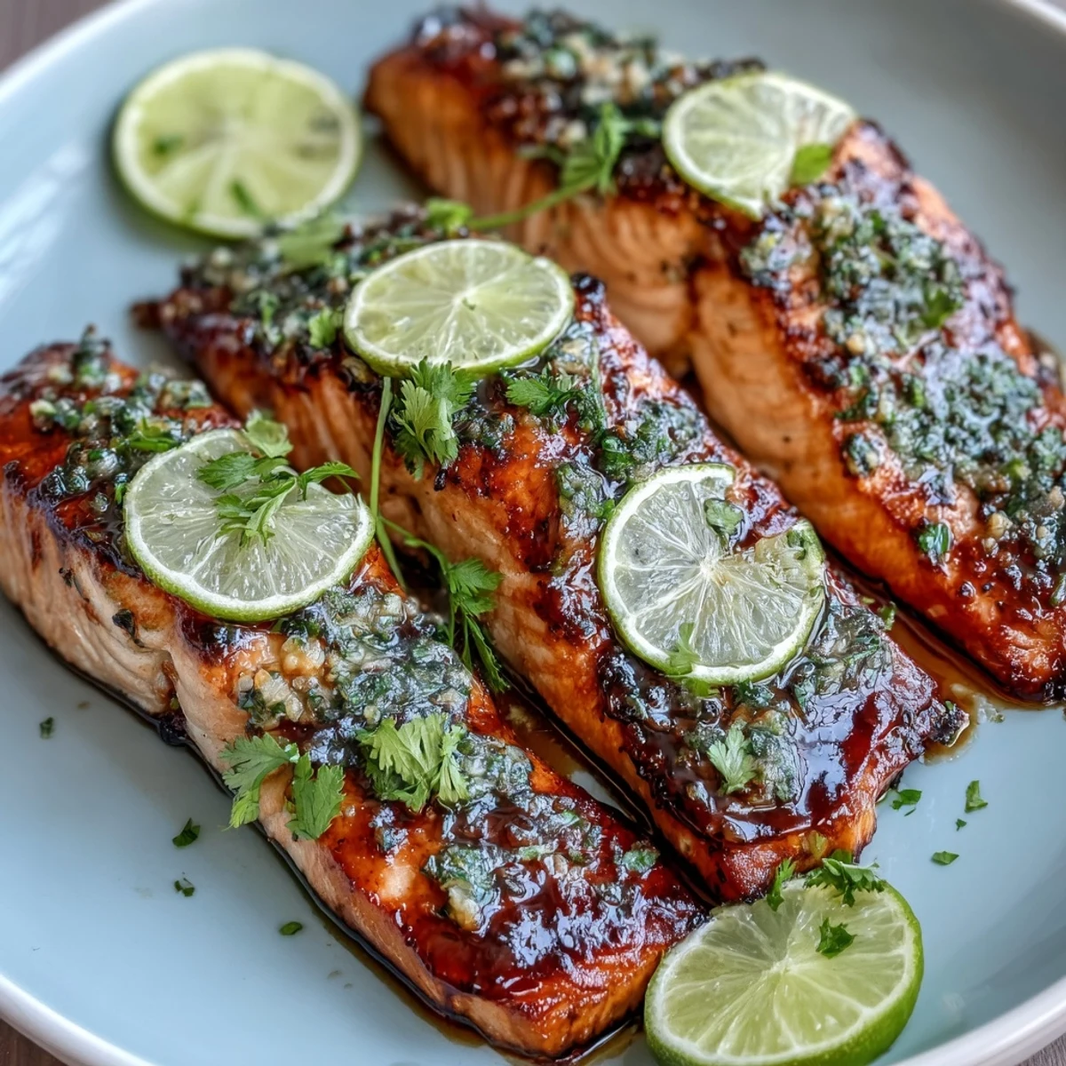 A golden-baked salmon fillet glazed with honey-lime garlic butter, garnished with fresh cilantro and lime slices.