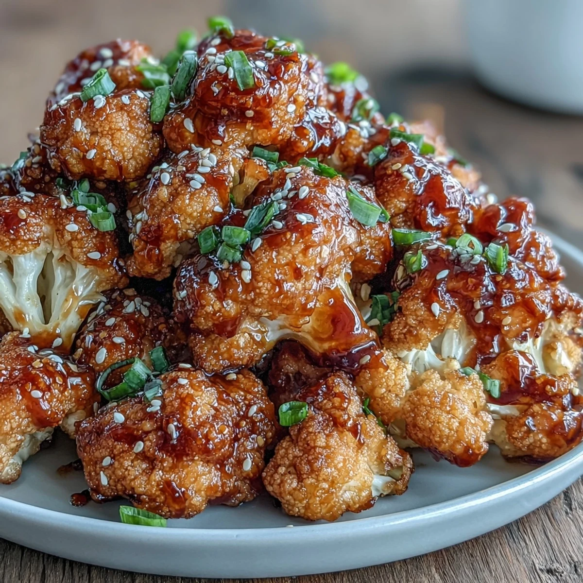 Air fryer General Tso's cauliflower with crispy florets in a sweet, spicy, and tangy Asian-inspired sauce.  