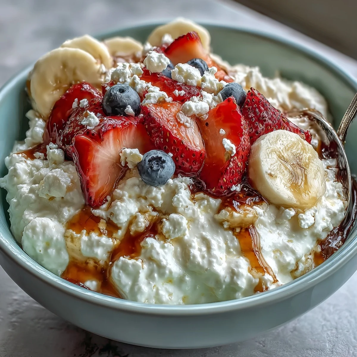 Cottage cheese fruit bowl with strawberries and honey, a creamy and colorful breakfast topped with fresh berries and a golden honey drizzle.  