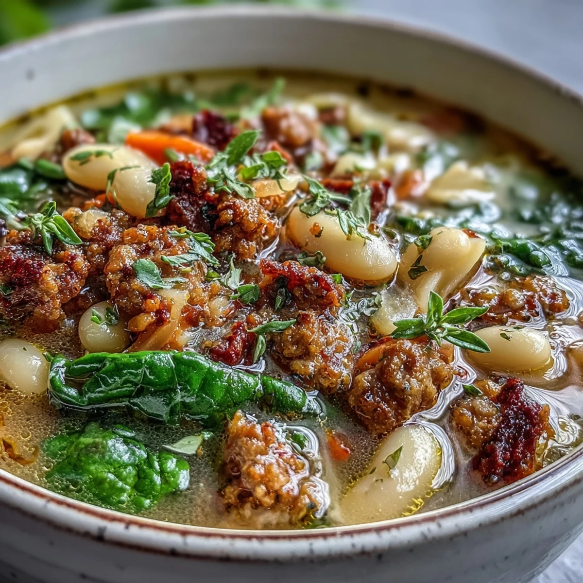 Creamy Tuscan white bean soup with Italian sausage, carrots, celery, and spinach for a comforting, rustic meal.  