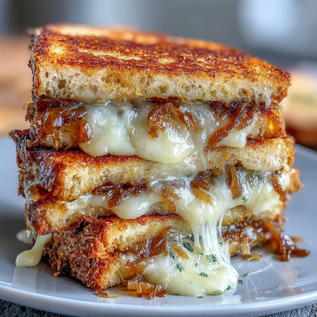 Gooey Gruyere and sweet caramelized onions melt between golden sourdough slices in this gourmet grilled cheese.