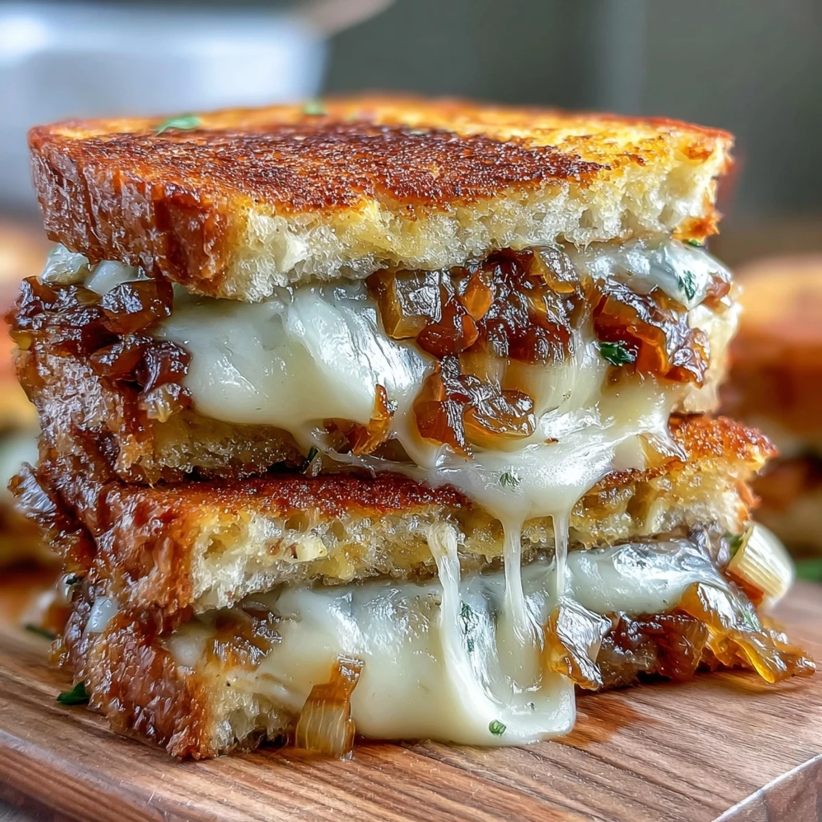 Rich Gruyere cheese blends with buttery caramelized onions for a comforting sourdough grilled cheese sandwich.