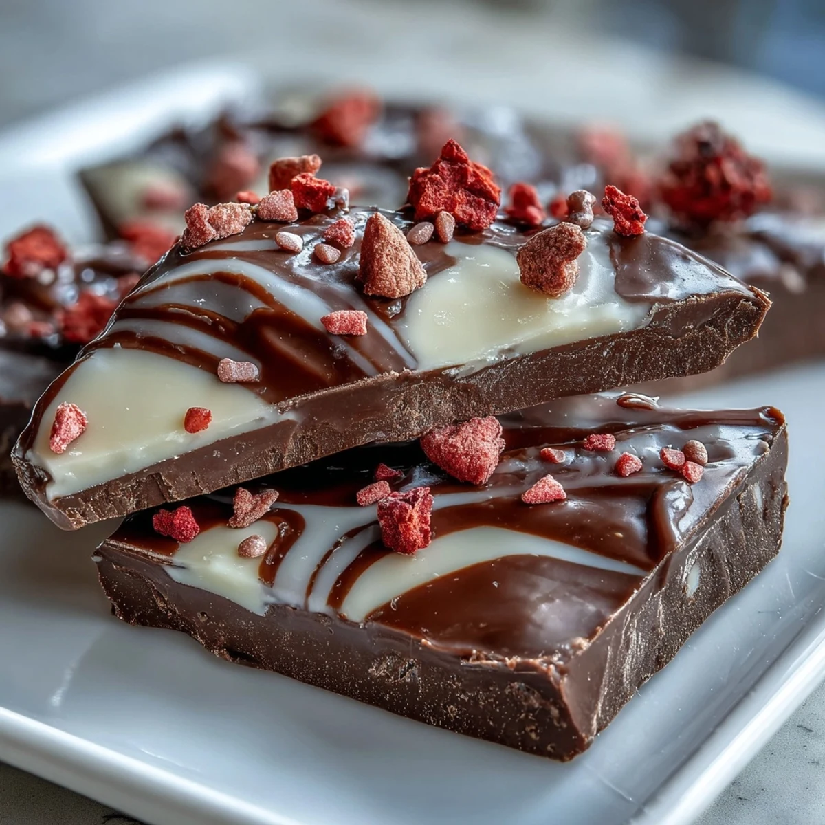 Decadent chocolate bark studded with ruby-red strawberries and colorful sprinkles, perfect for a romantic dessert or sweet gift.  