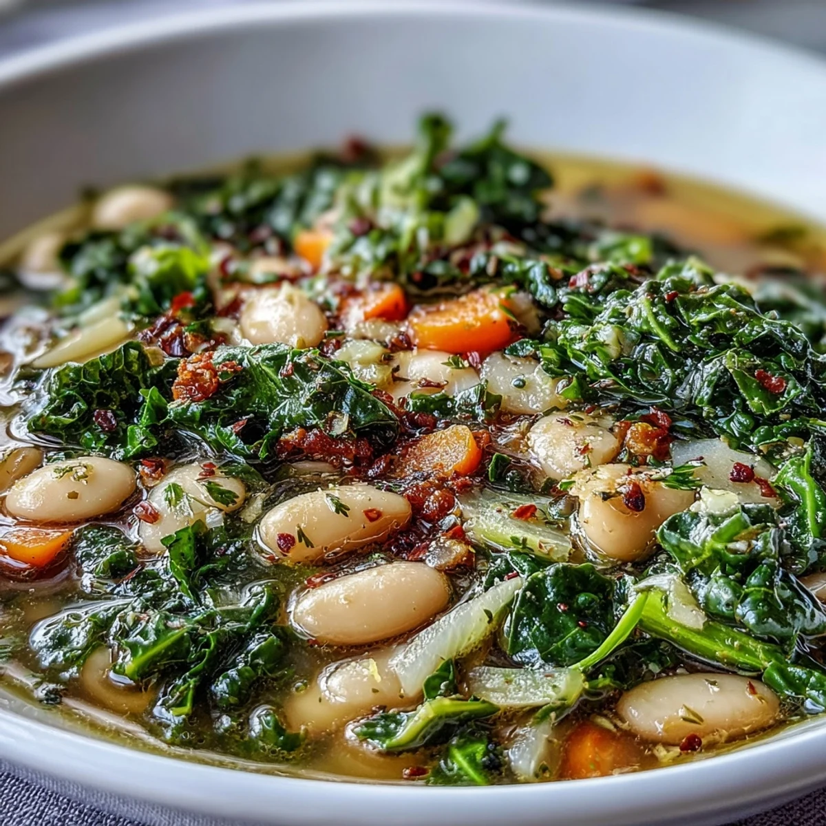 Vibrant green kale and creamy white beans in a fragrant garlic and lemon broth, perfect for a nourishing vegetarian meal.  