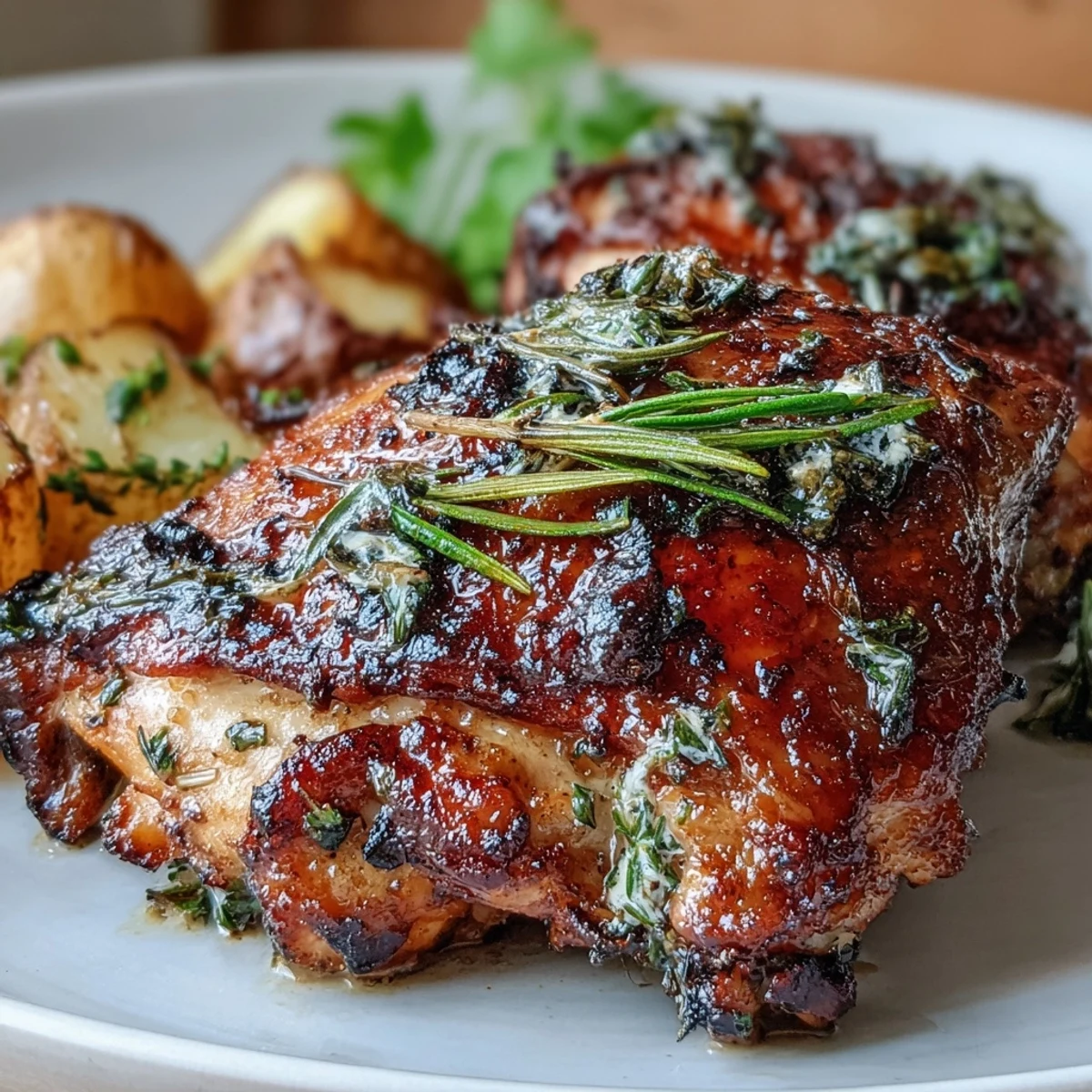 Aromatic rosemary and thyme-seasoned chicken thighs roasted to perfection alongside caramelized baby potatoes and vibrant carrots on a sheet pan.