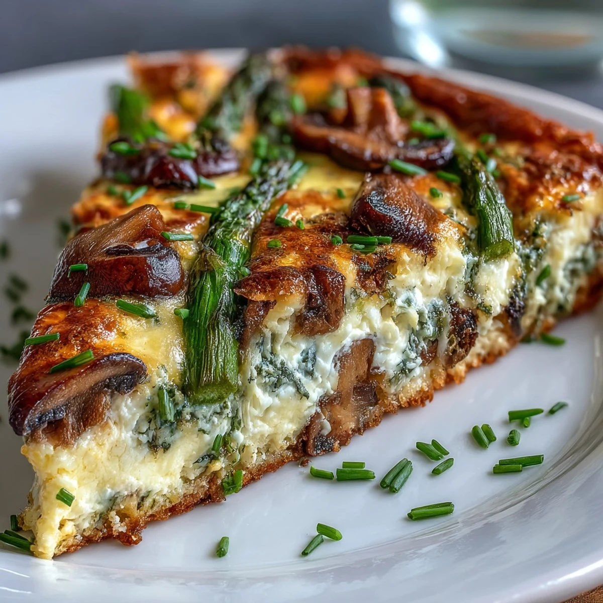 Spring-inspired frittata featuring crisp asparagus and earthy mushrooms over a golden sourdough base, ideal for light dinners or weekend brunch gatherings.