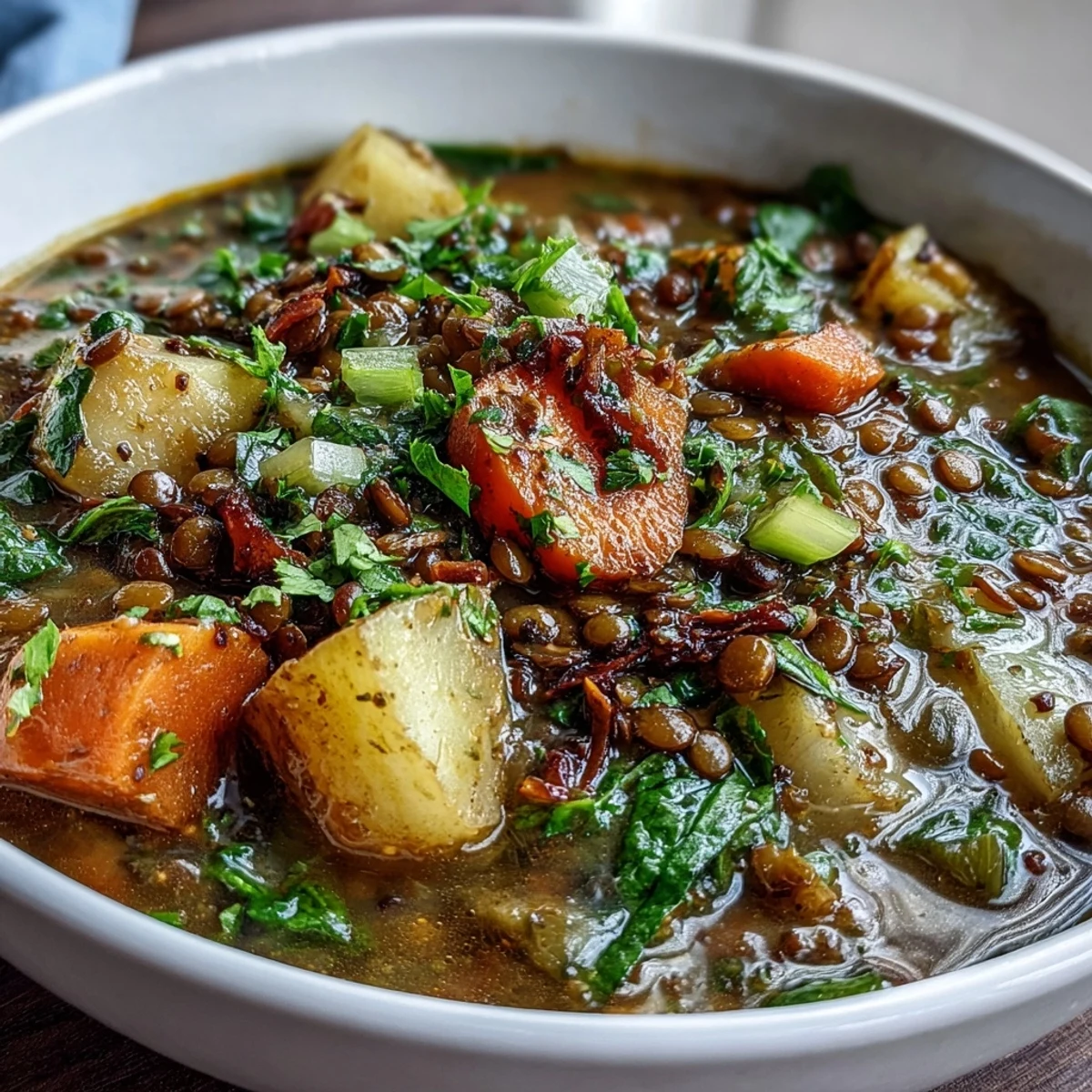 A warm bowl of Little Sprout Green Lentil Stew with tender carrots and potatoes, perfect for a cozy vegetarian dinner.  