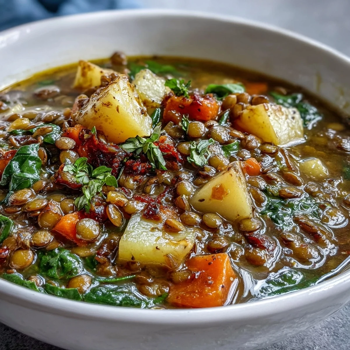 A nourishing vegetarian meal of green lentil stew with carrots and potatoes, garnished with fresh greens for added color.