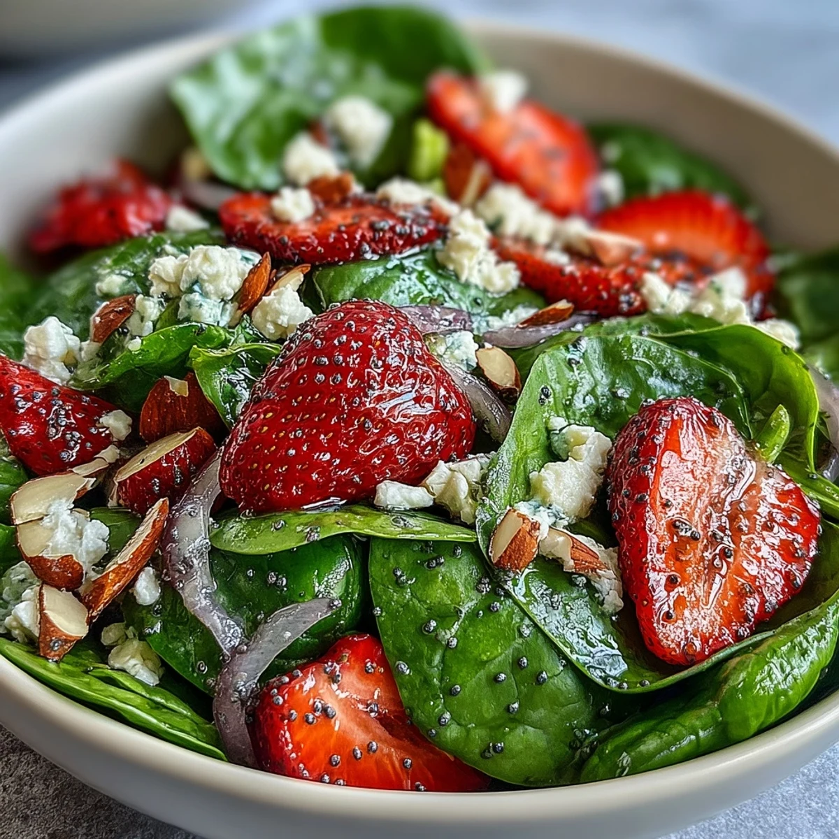 A colorful spring salad with baby spinach, fresh strawberries, creamy feta, and crunchy almonds, drizzled with tangy poppy seed dressing.