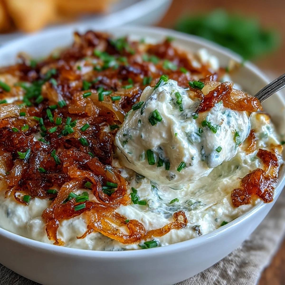 A bowl of Creamy Caramelized Onion Dip with Greek Yogurt Base, garnished with fresh chives and served with crispy potato chips.