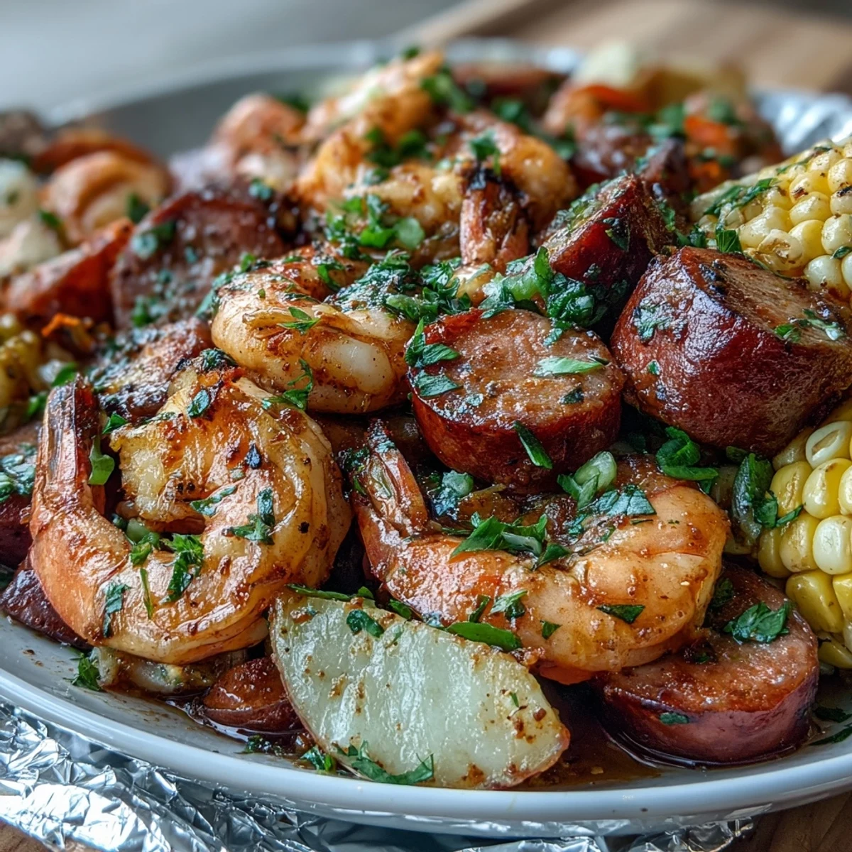 Colorful foil packet dinner featuring succulent shrimp, smoky sausage, and fresh vegetables, all seasoned with zesty Old Bay for a Southern-inspired feast.  