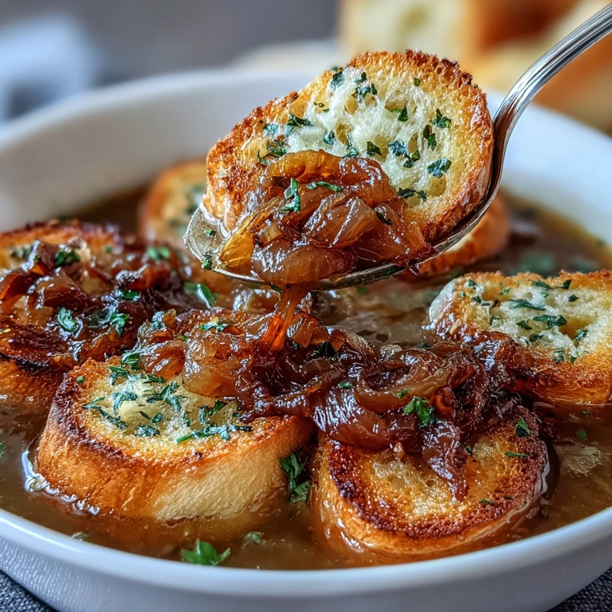 Hearty vegetarian soup featuring sweet caramelized onions, mellow roasted garlic, and crunchy herb-seasoned croutons.